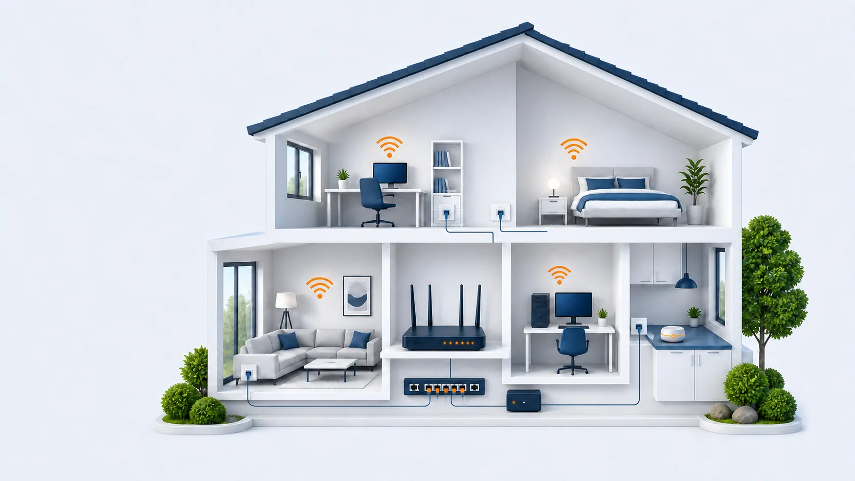 Illustration eines Hauses mit WLAN, Router und sauberem Heimnetz