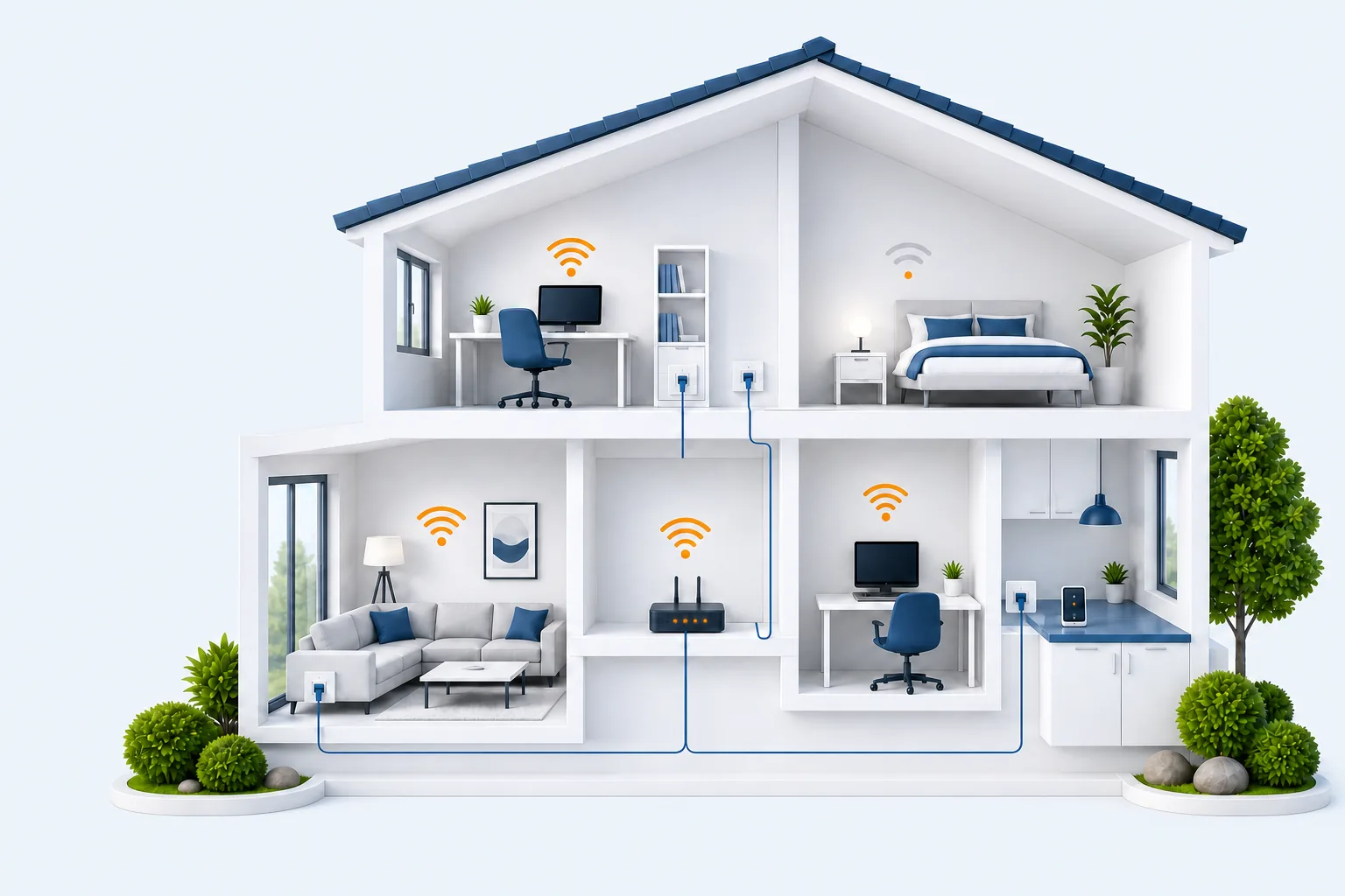 Illustration eines Heimnetzwerks: Router, WLAN-Signal, Haus und betroffene Geräte