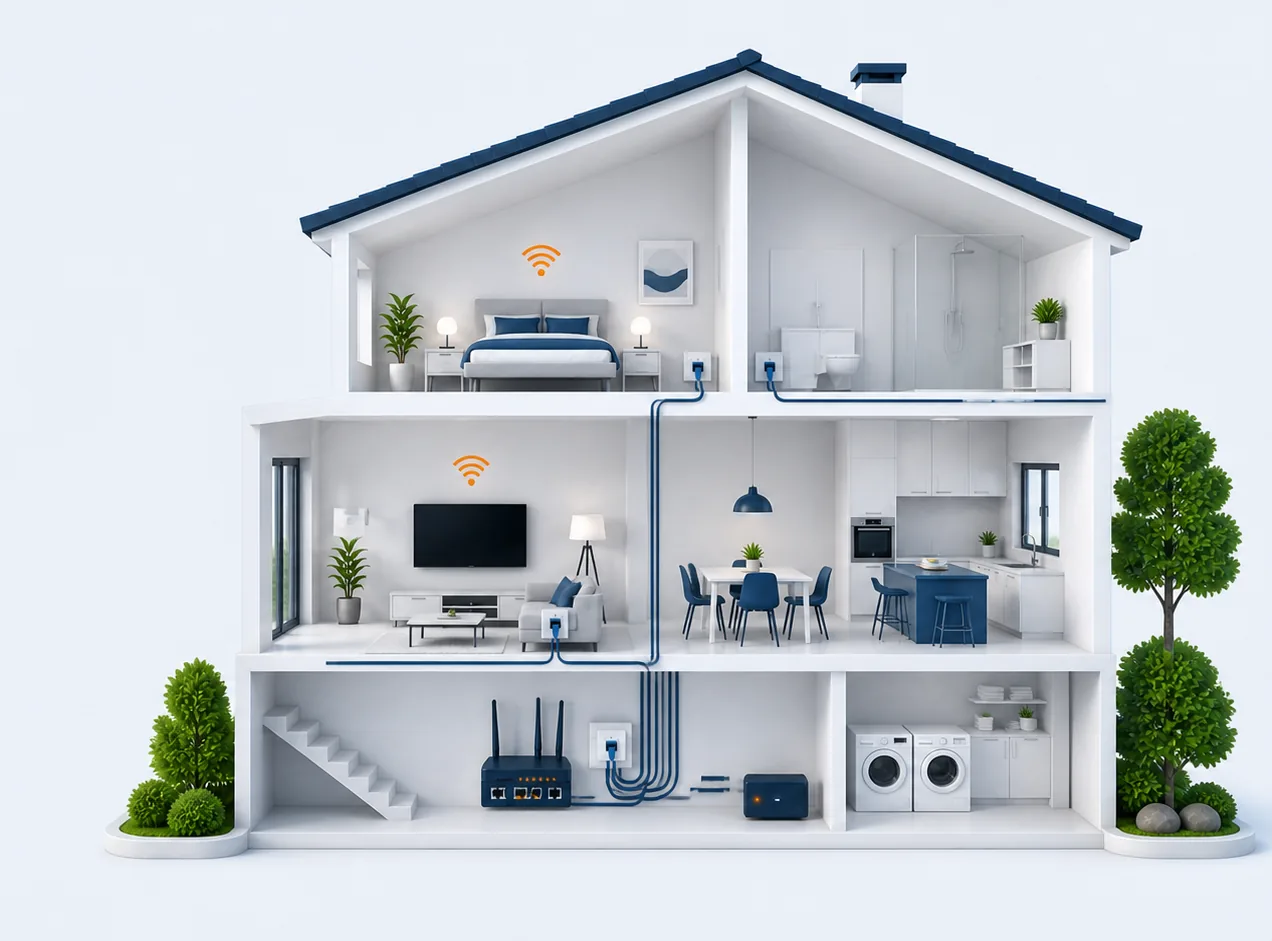 Glasfaseranschluss, Router und WLAN verteilen das Internet über mehrere Räume im Haus